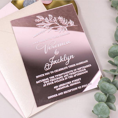 rustic foliage rose gold pink mirror acrylic wedding invitations CWIA241