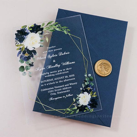 rustic navy blue and ivory floral acrylic clear wedding invites with gold glittery envelope