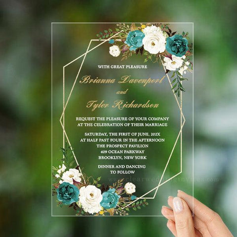 Teal blue and White Gold Framed Floral Acrylic Invitation CWIA219