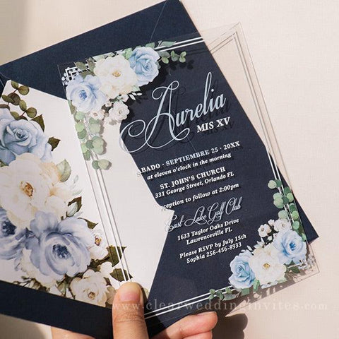 light blue and ivory floral script acrylic quinceanera wedding invitation CWIA189