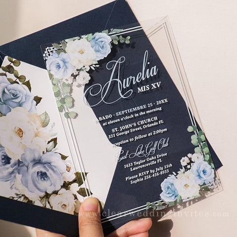 light blue and ivory floral script acrylic quinceanera wedding invitation CWIA189