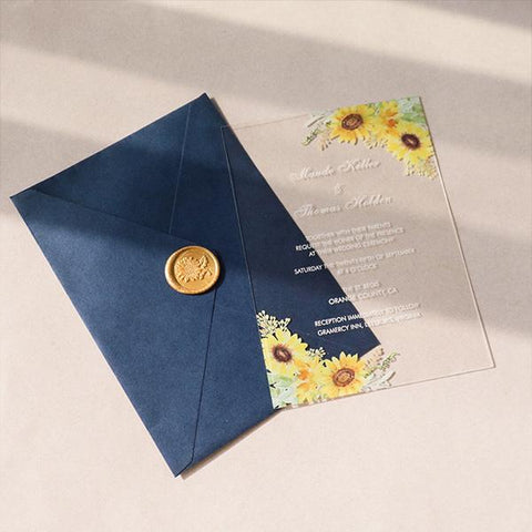 sunflower and navy blue rustic wedding invitations