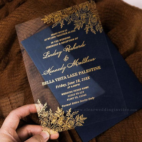 Real Foil Gold Roses and Foliage Acrylic Invitations CWIFI04