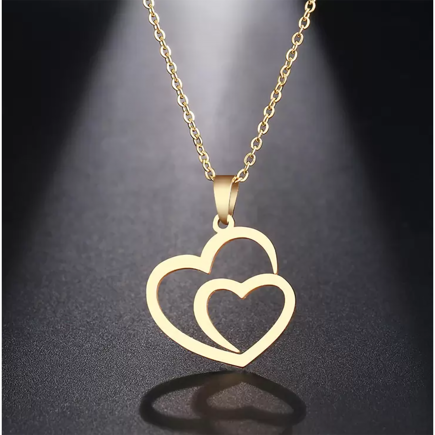 Stainless Steel Gold Plated Double Heart Pendant with Chain