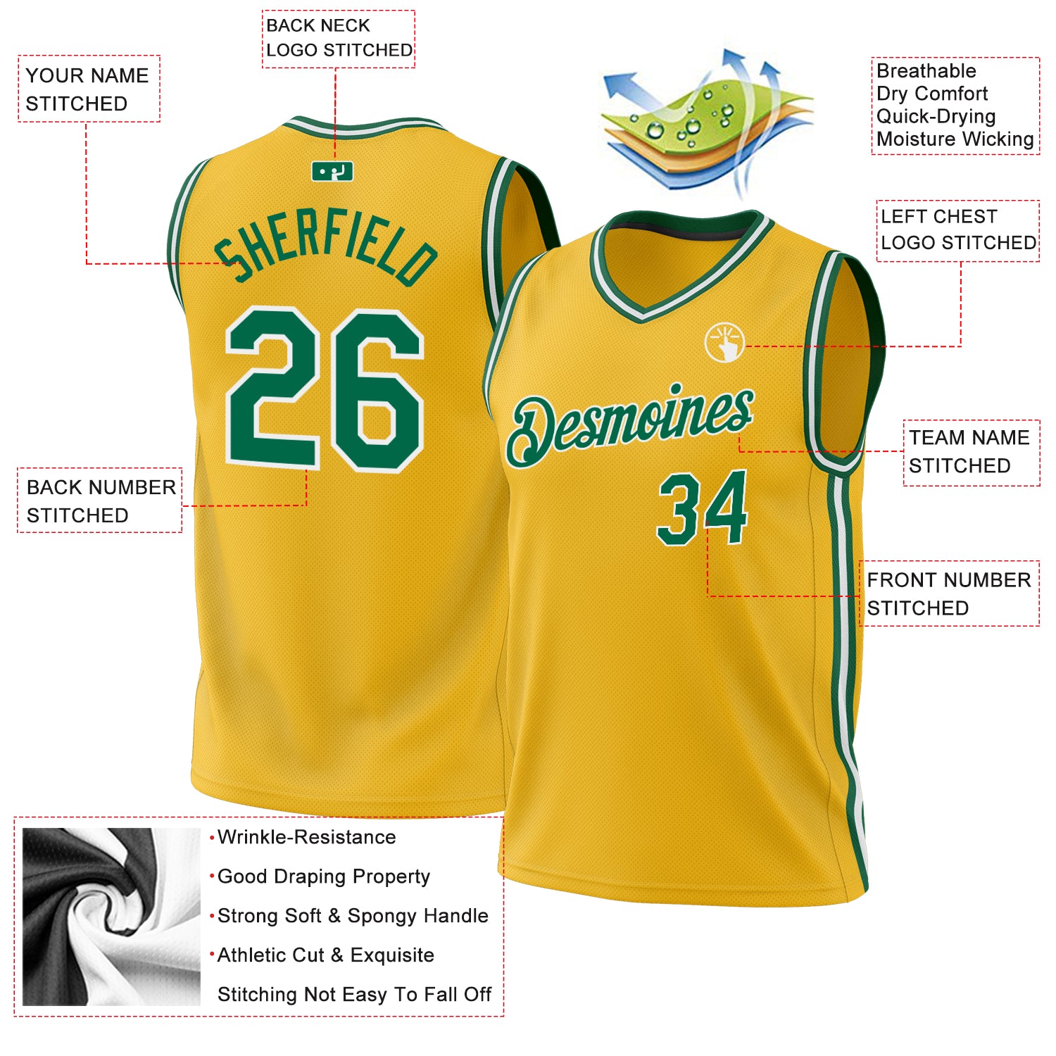 Custom Gold Kelly Green-White Authentic Throwback Basketball Jersey