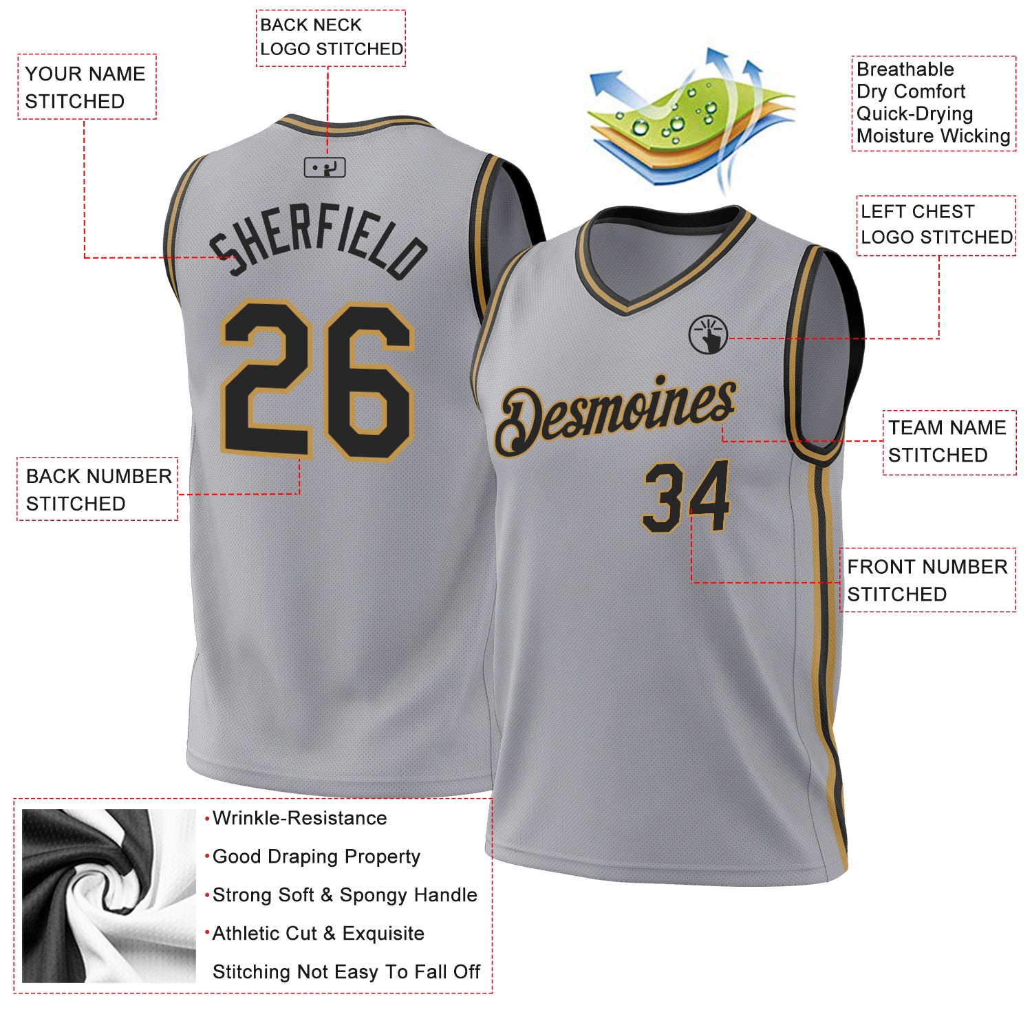 Custom Gray Black-Old Gold Authentic Throwback Basketball Jersey