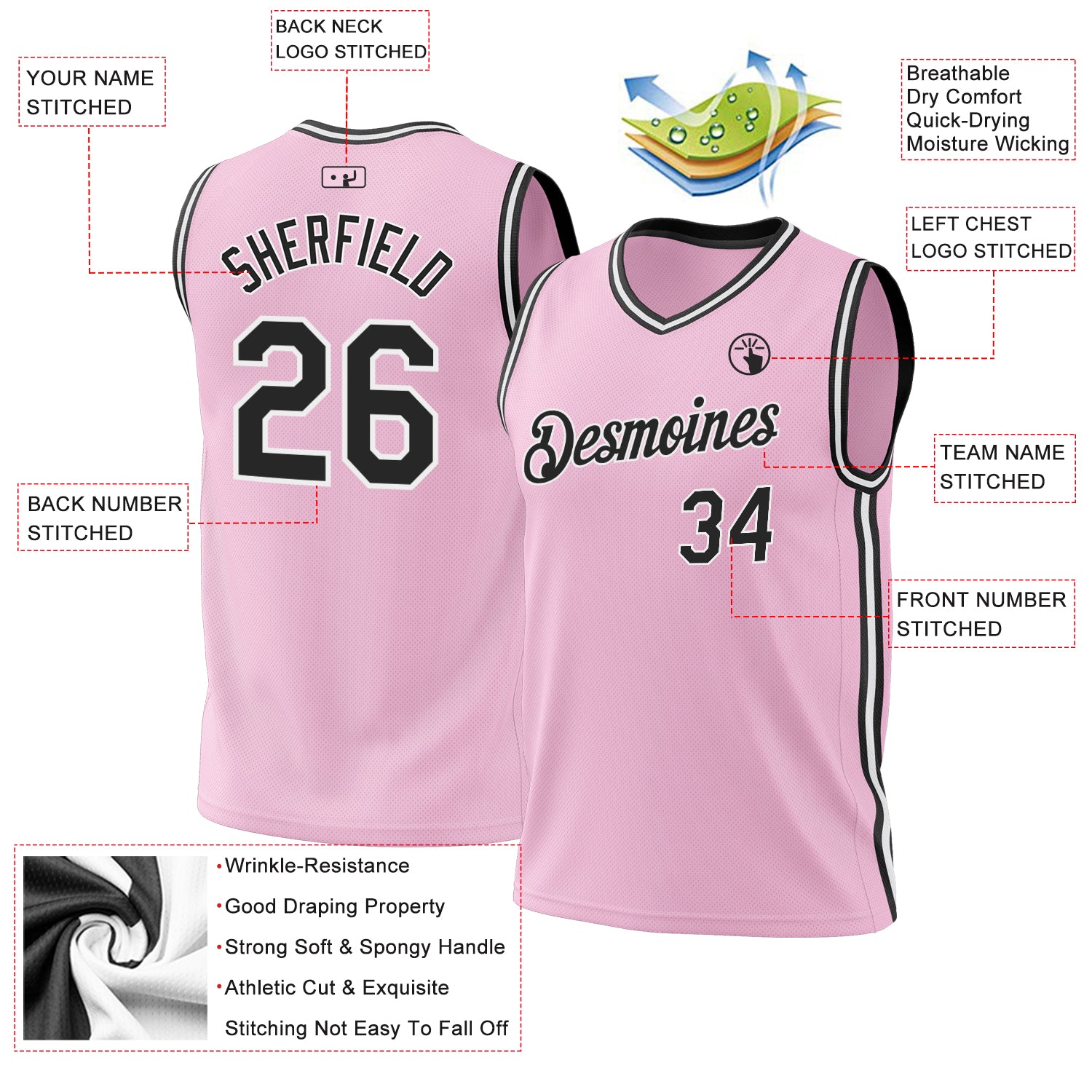 Custom Light Pink Black-White Authentic Throwback Basketball Jersey