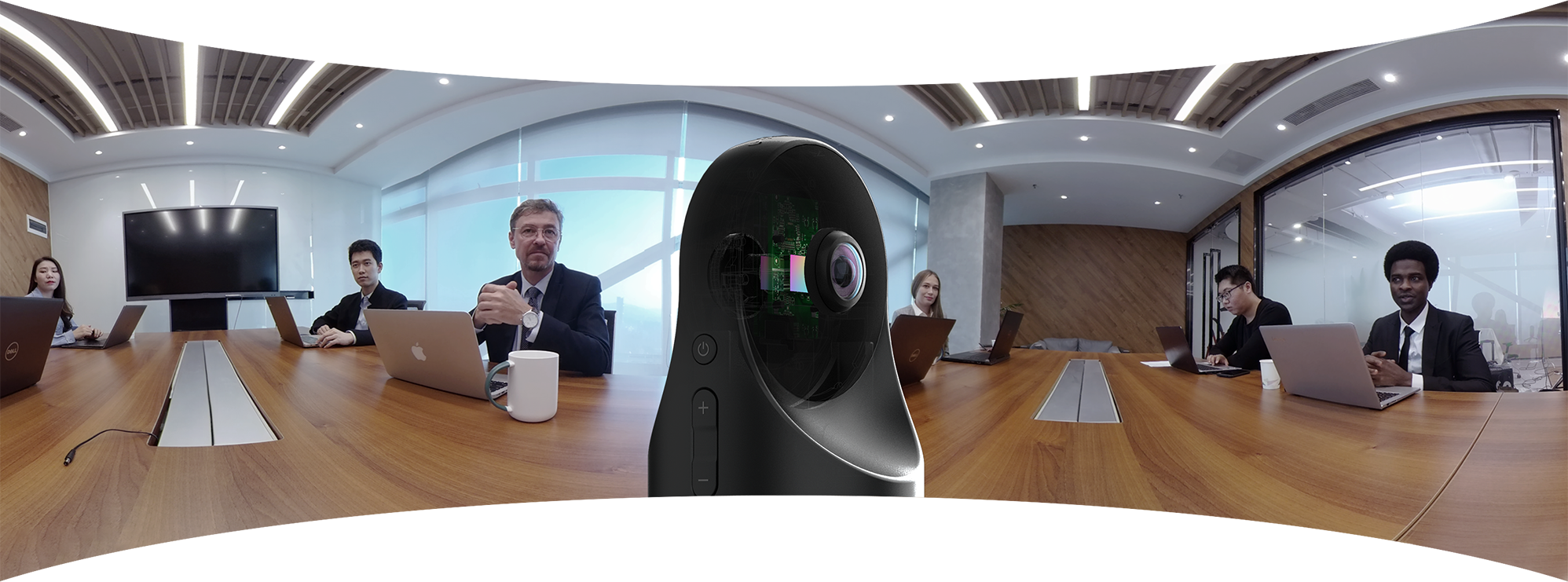 Kandao Meeting Pro is an AI-based 360° video conferencing device, which equipped with 360-degree lens, Omni-directional audio system, Hi-Fi Speaker, and built-in android system. 