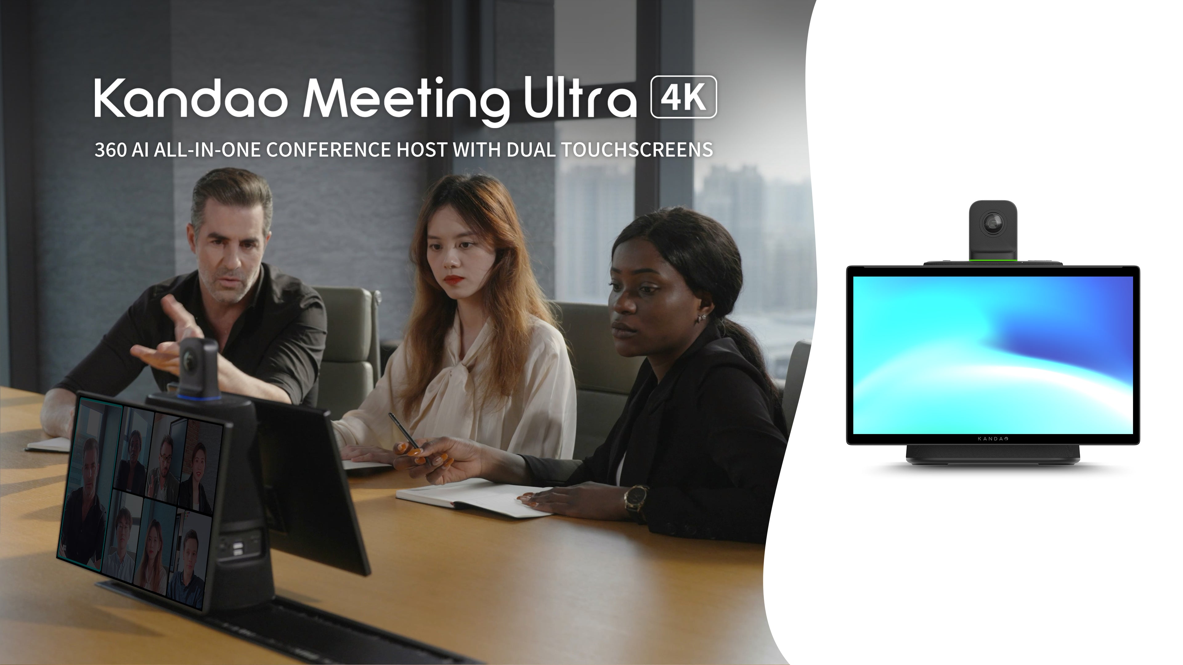 The Kandao Meeting Ultra is a first-of-its-kind, all-in-one AI conference device with dual FHD touchscreen, delivering an ultimate solution for inclusive hybrid meetings. 