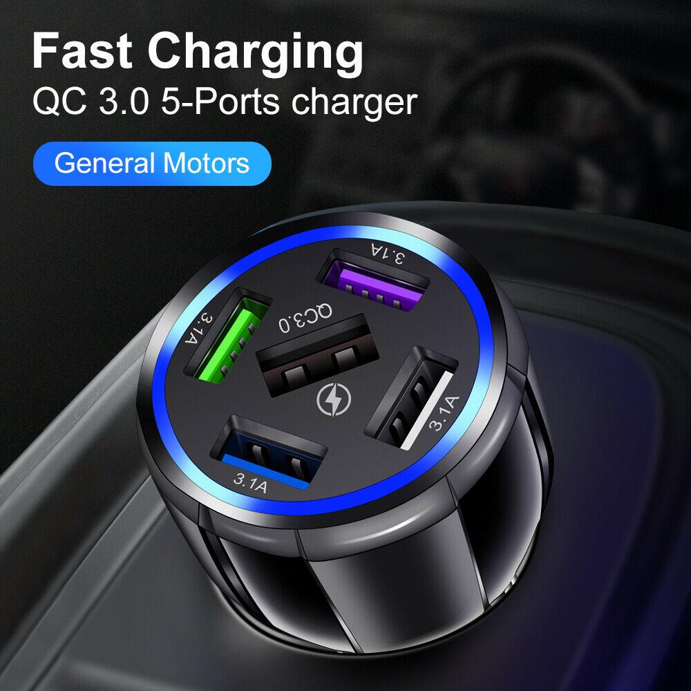 2 Pack PBG 5 Port USB Fast Car Charger with LED Display Charge 5 Devices at once