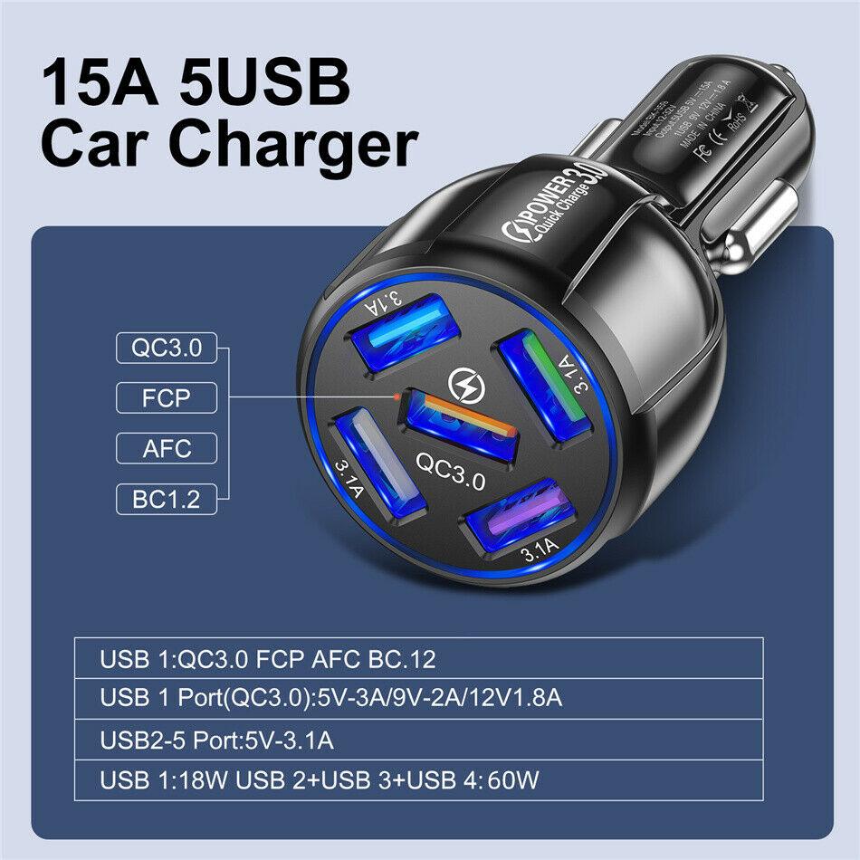 2 Pack PBG 5 Port USB Fast Car Charger with LED Display Charge 5 Devices at once