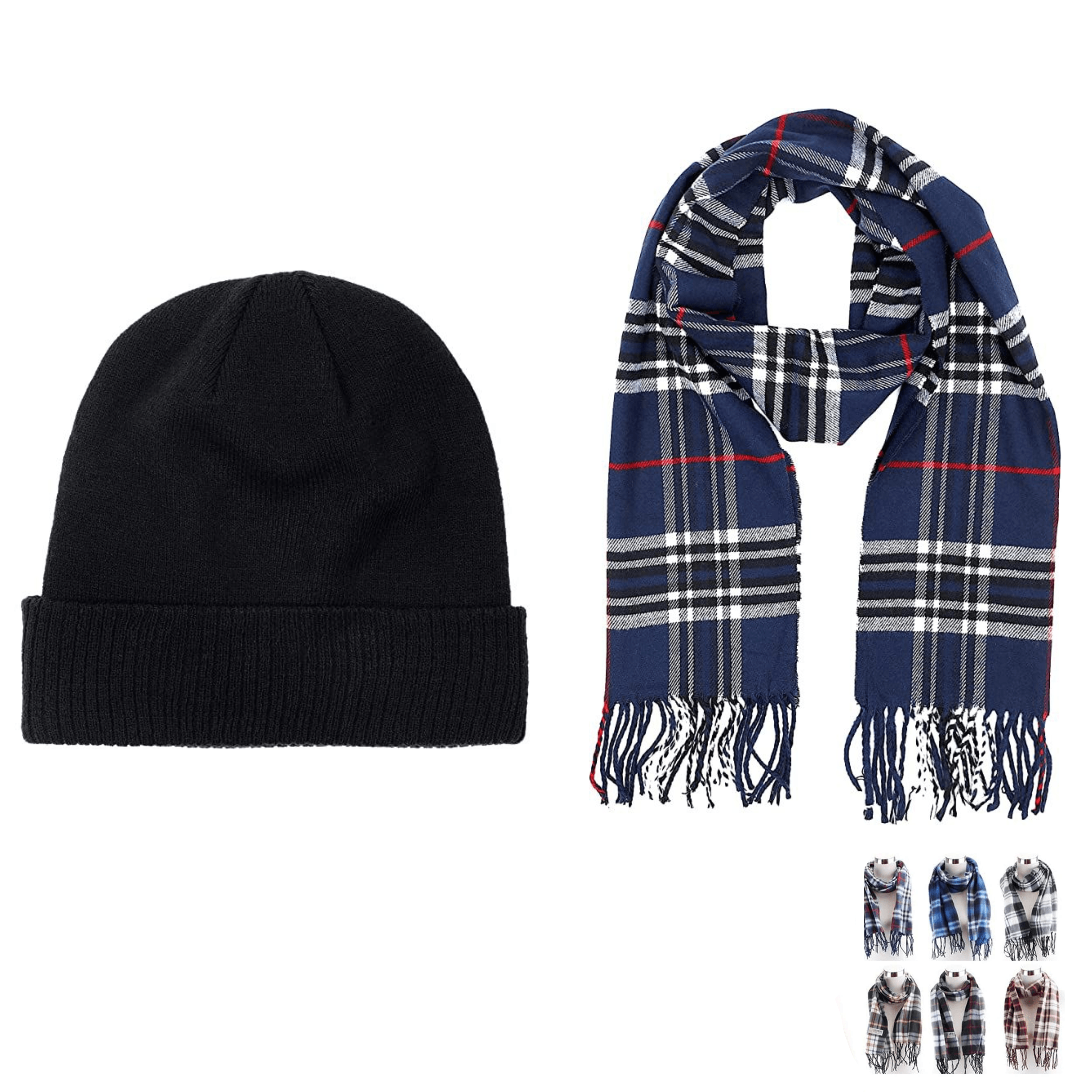 Adult Fleece Lined Winter Hat with Fleece Plaid Scarf Thermware Winter Bundle