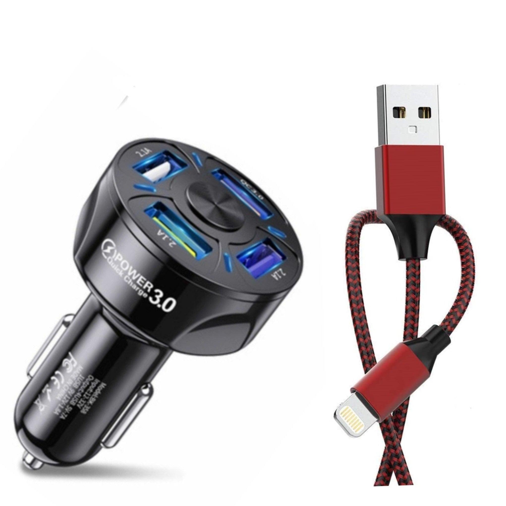 Black 4 Port LED Fast Car Charger and  6FT Charger Compatible for Iphone