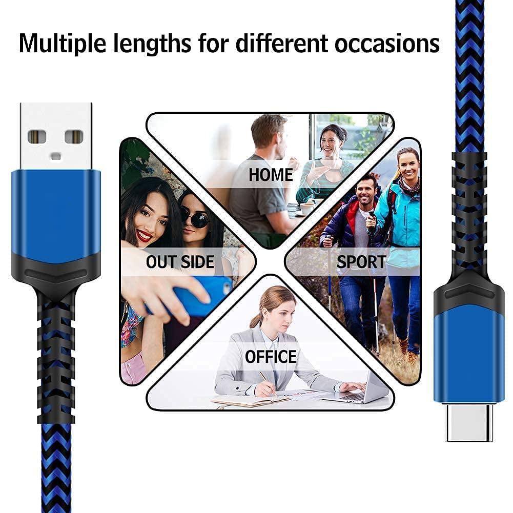 Blue Protected USB C Cable USB-C to USB-A Fast Charging Aluminum Housing Compatible with Samsung Galaxy S10 S9 Note 9 8 S8 Plus,LG V30 V20 G6 & more - 3 Sizes