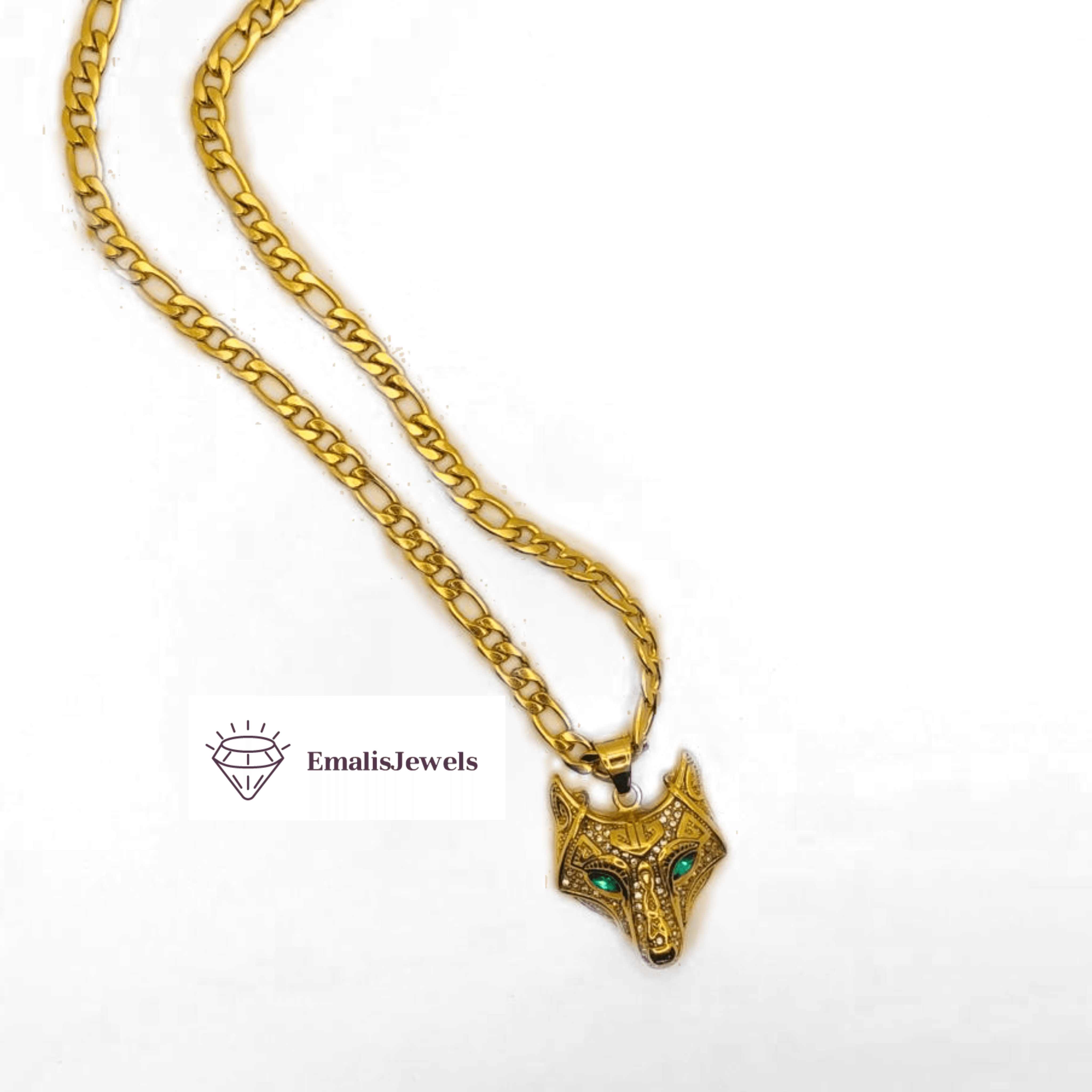 Stainless Steel Chain Necklace and Stainless Steel Gold Overlay Wolf Pendant