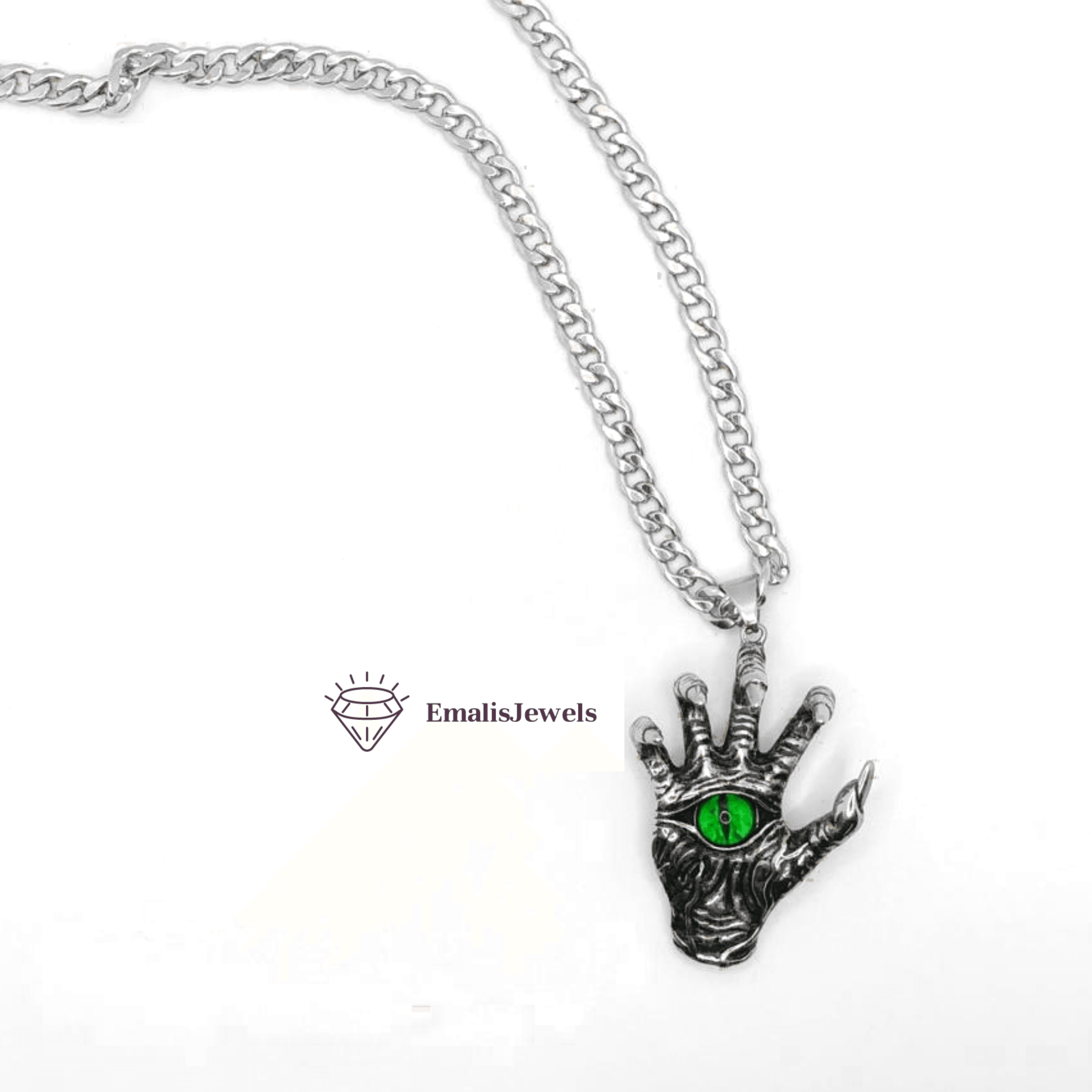 Stainless Steel Chain Necklace and Stainless Steel Hand/Green Eye Pendant