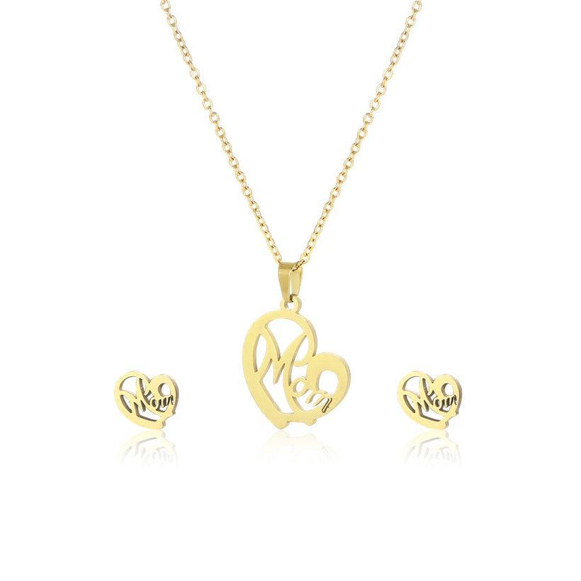 Stainless Steel Heart shaped Mom Necklace and Earrings Set