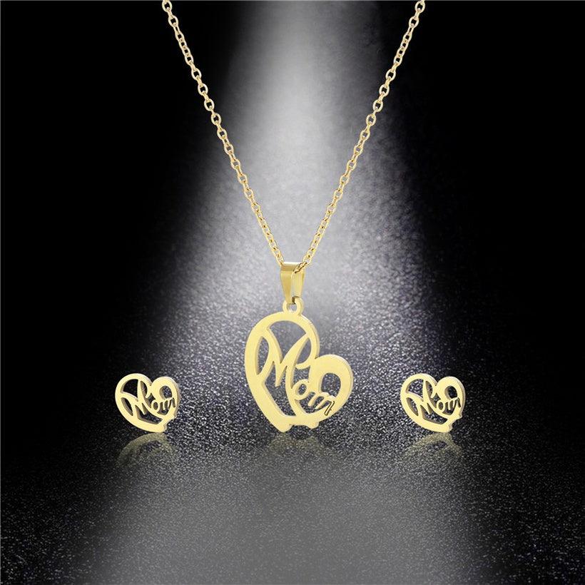 Stainless Steel Heart shaped Mom Necklace and Earrings Set