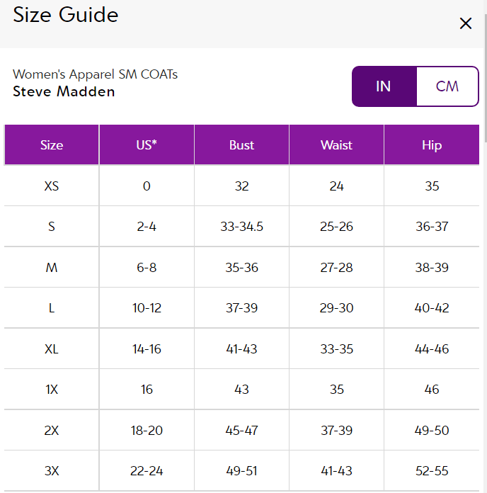 Steve Madden Winter Coats See Size Chart