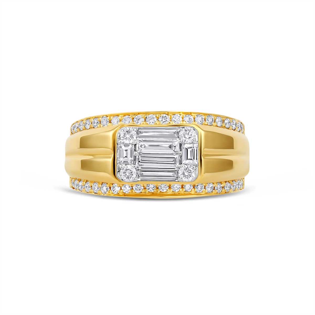 Gents 18K Yellow Gold Cluster Baguette and Round Diamond Band