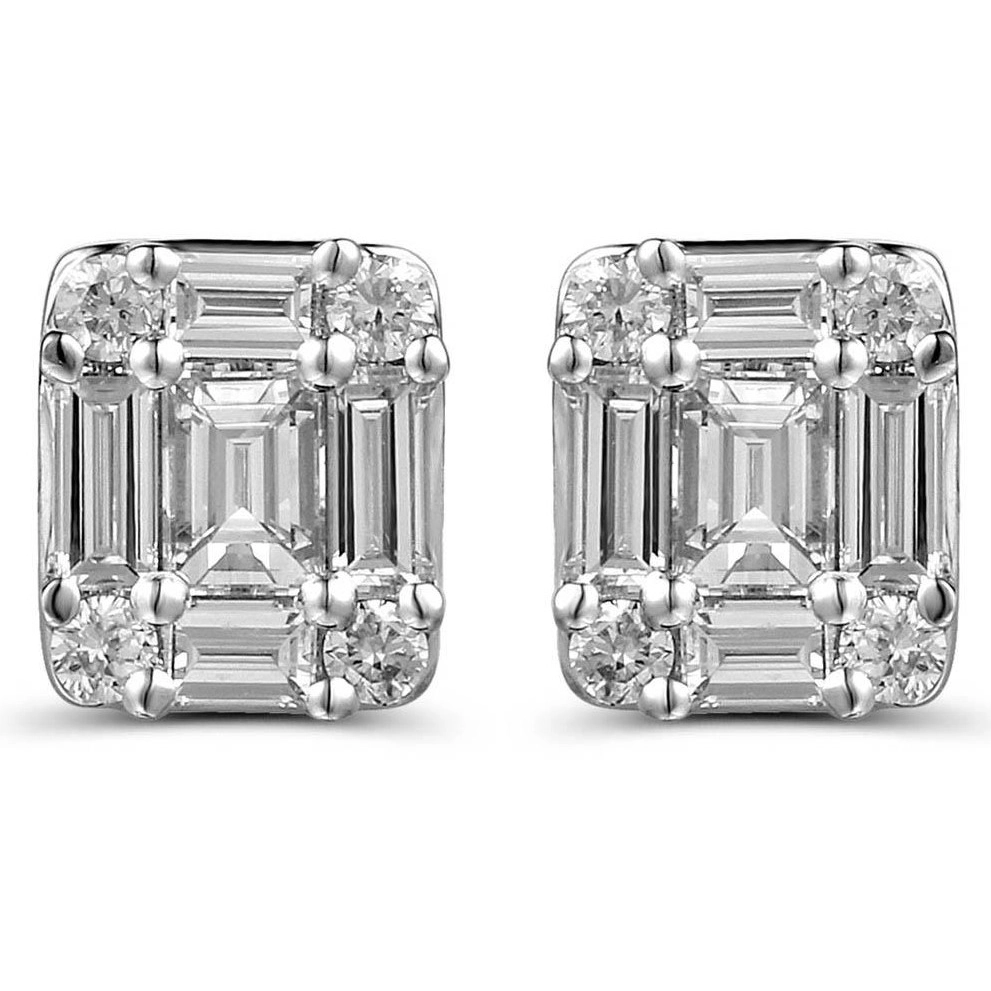 18K White Gold Cluster Baguette and Round Diamond Stud Earrings