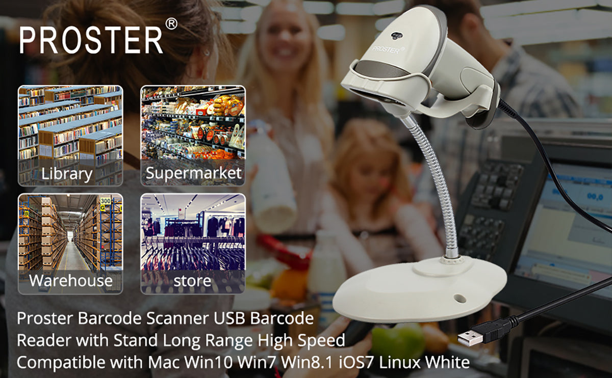 Proster Barcode Scanner USB Barcode Reader with Stand Long Range