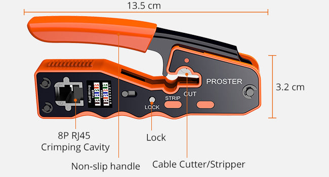 Proster RJ45 Crimp Tool 3 in 1 RJ45 Crimper Stripper Cutter - Orange