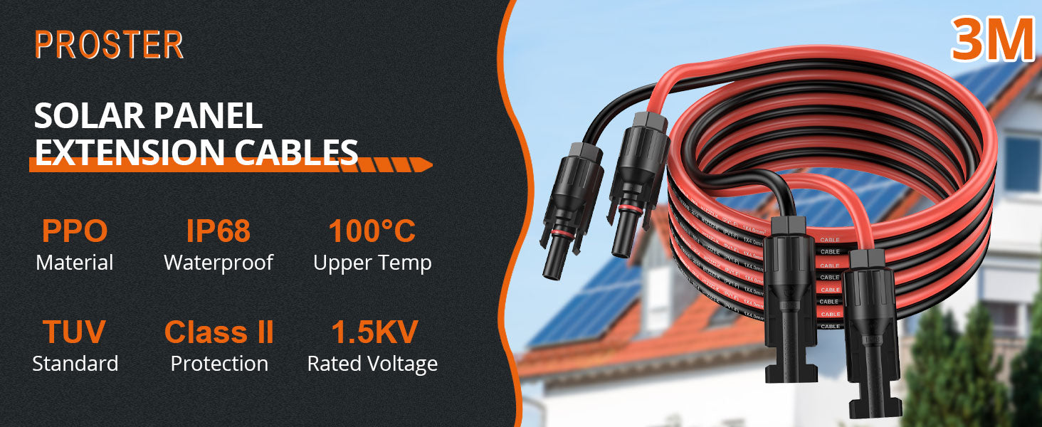 Proster Solar Panel Extension Cable 3m/10ft 12AWG 4mm² (3m Red + 3m Black)