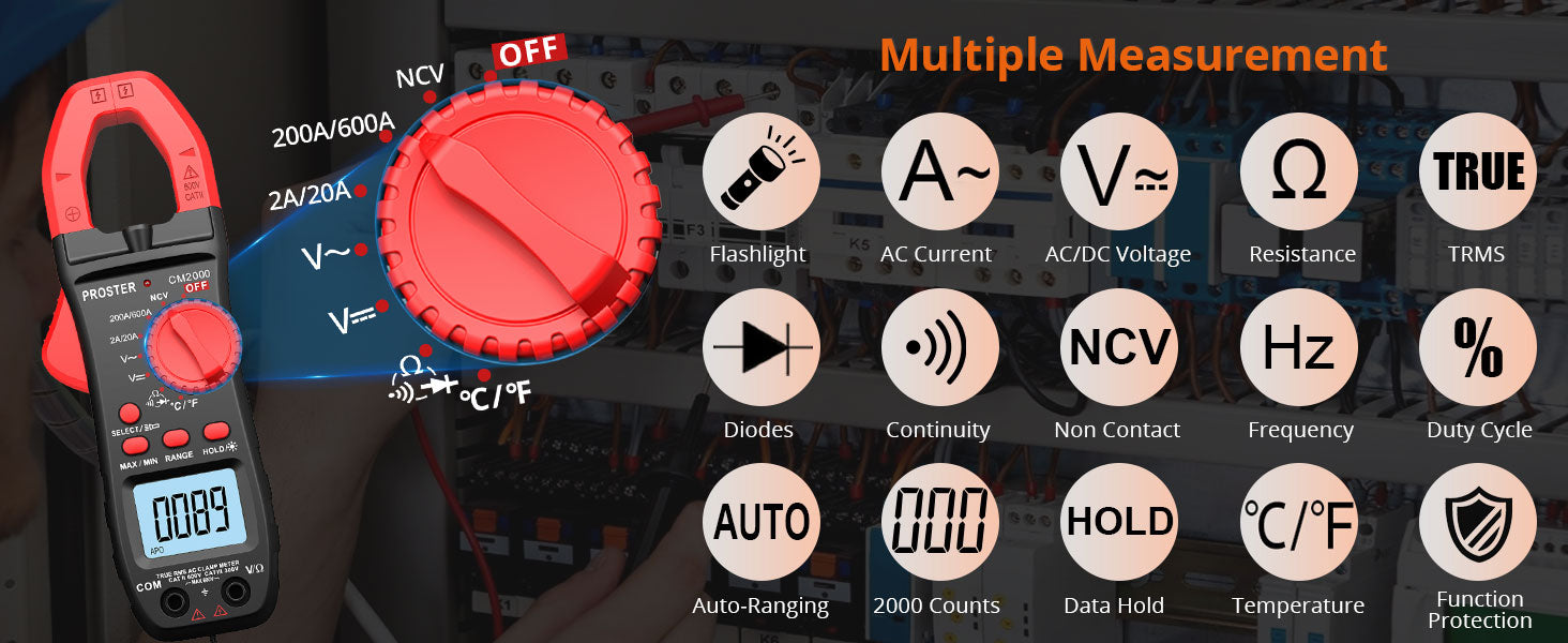 Proster Clamp Meter TRMS 2000Counts 600A AC Current AC/DC Voltage