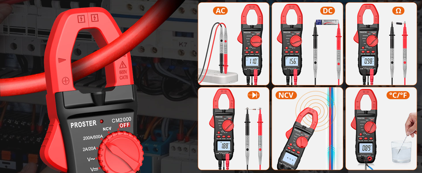 Proster Clamp Meter TRMS 2000Counts 600A AC Current AC/DC Voltage