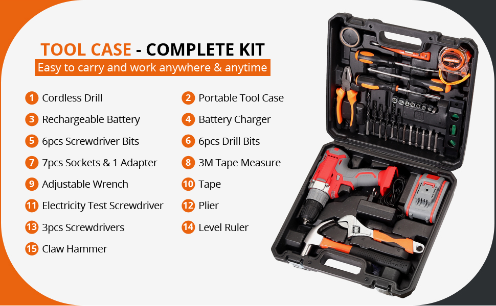 Proster 21V Cordless Hammer Drill Home Tool Kit Box