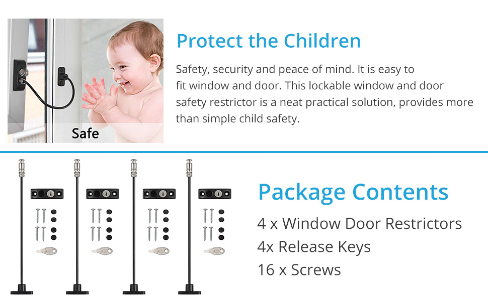 Proster Window Restrictor Locks 4 Packs Security Cable