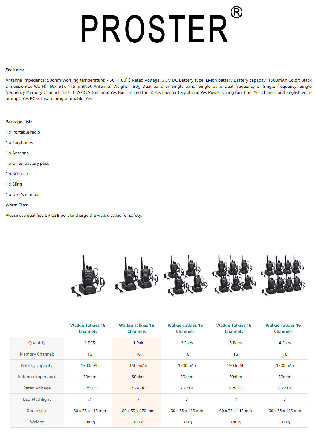 Proster Walkie Talkies 16 Channels with Voice Prompt Rechargeable Walky Talky 1 PCS