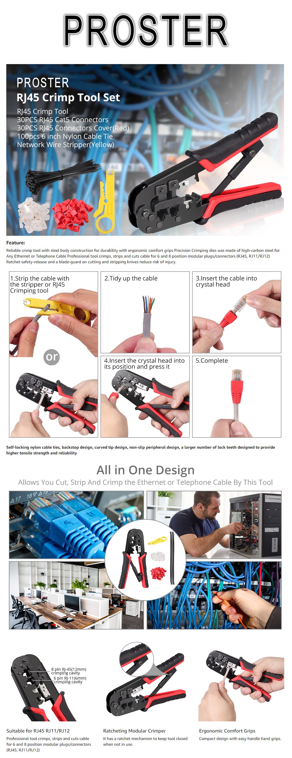 Proster RJ45 Crimp Tool Set Red