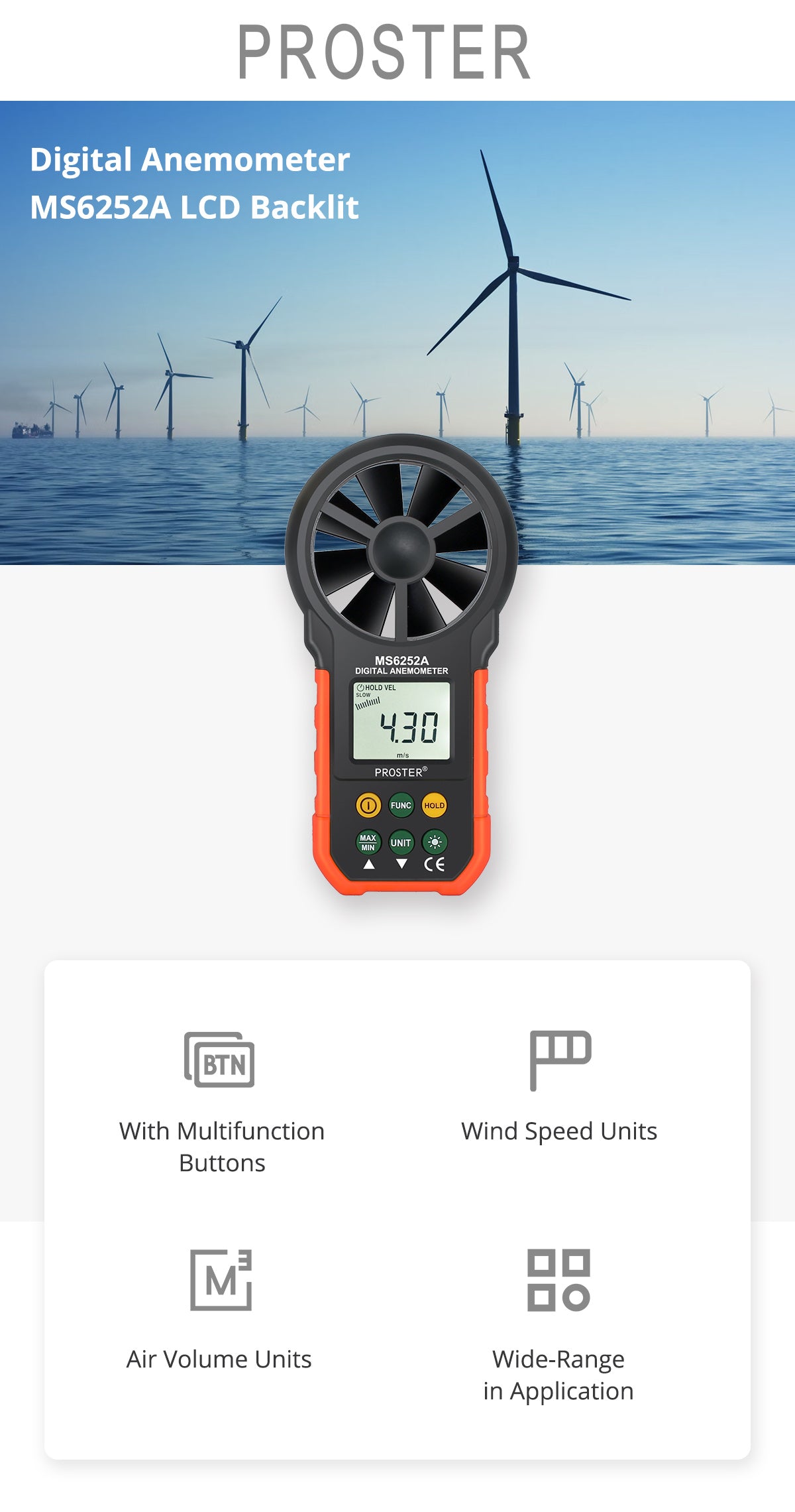 Proster Digital Anemometer MS6252A LCD Backlit