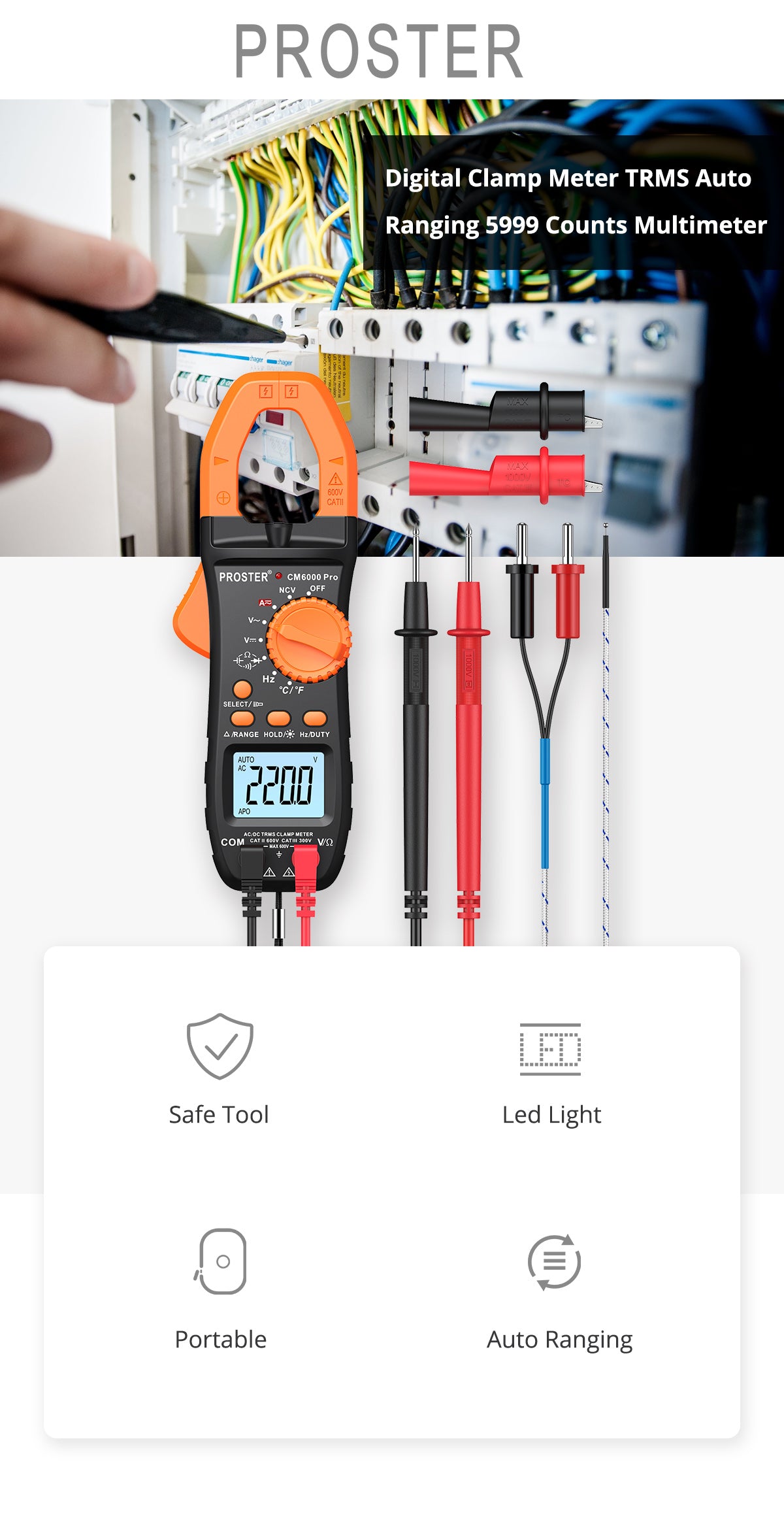 Proster Digital Clamp Meter TRMS Auto Ranging 5999 Counts Multimeter