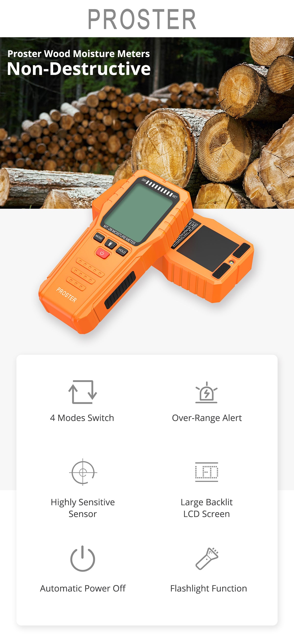 Proster Pinless Moisture Meters with Backlit LCD Screen