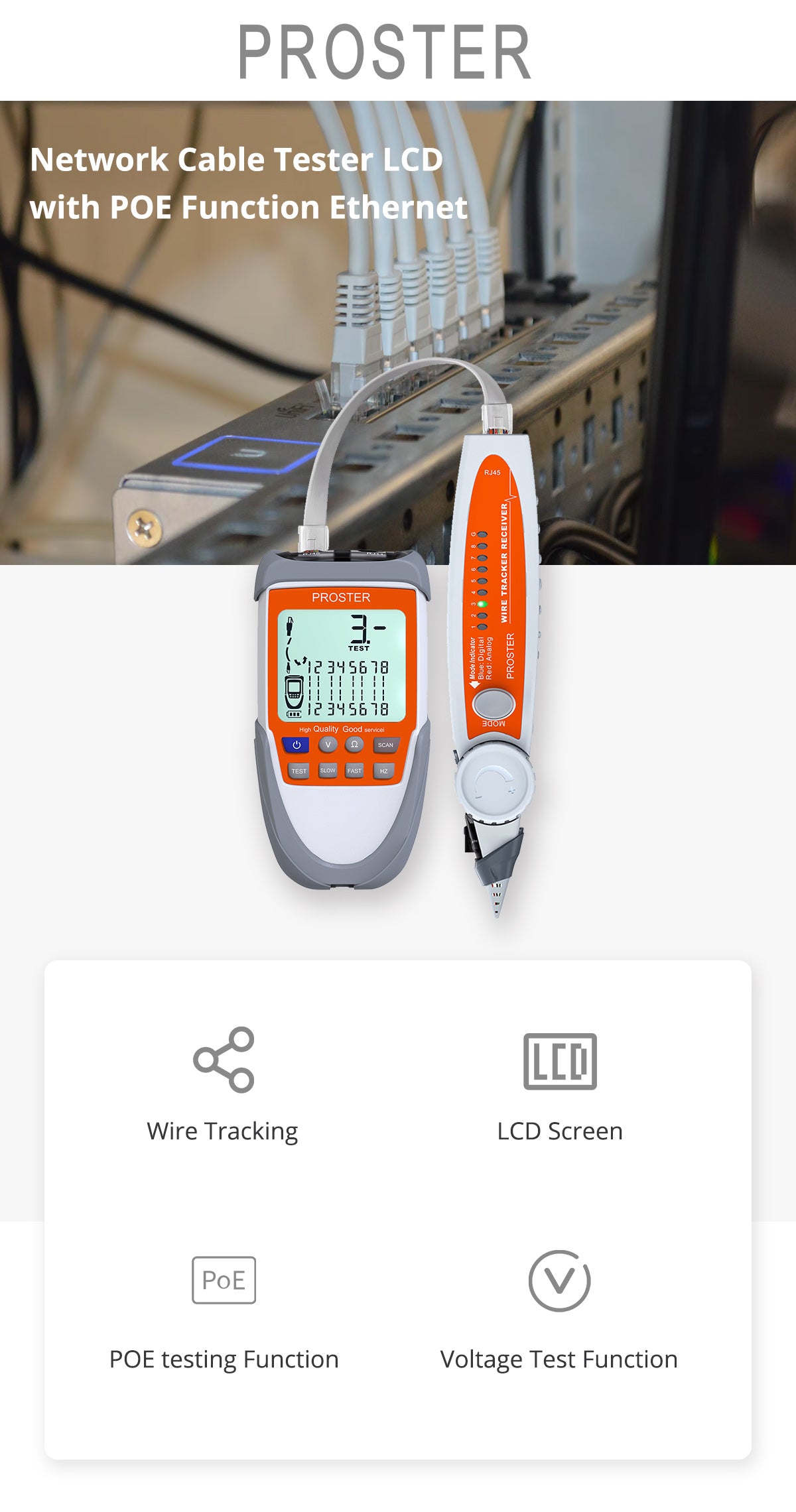 Proster Network Cable Tester LCD with POE Function Ethernet