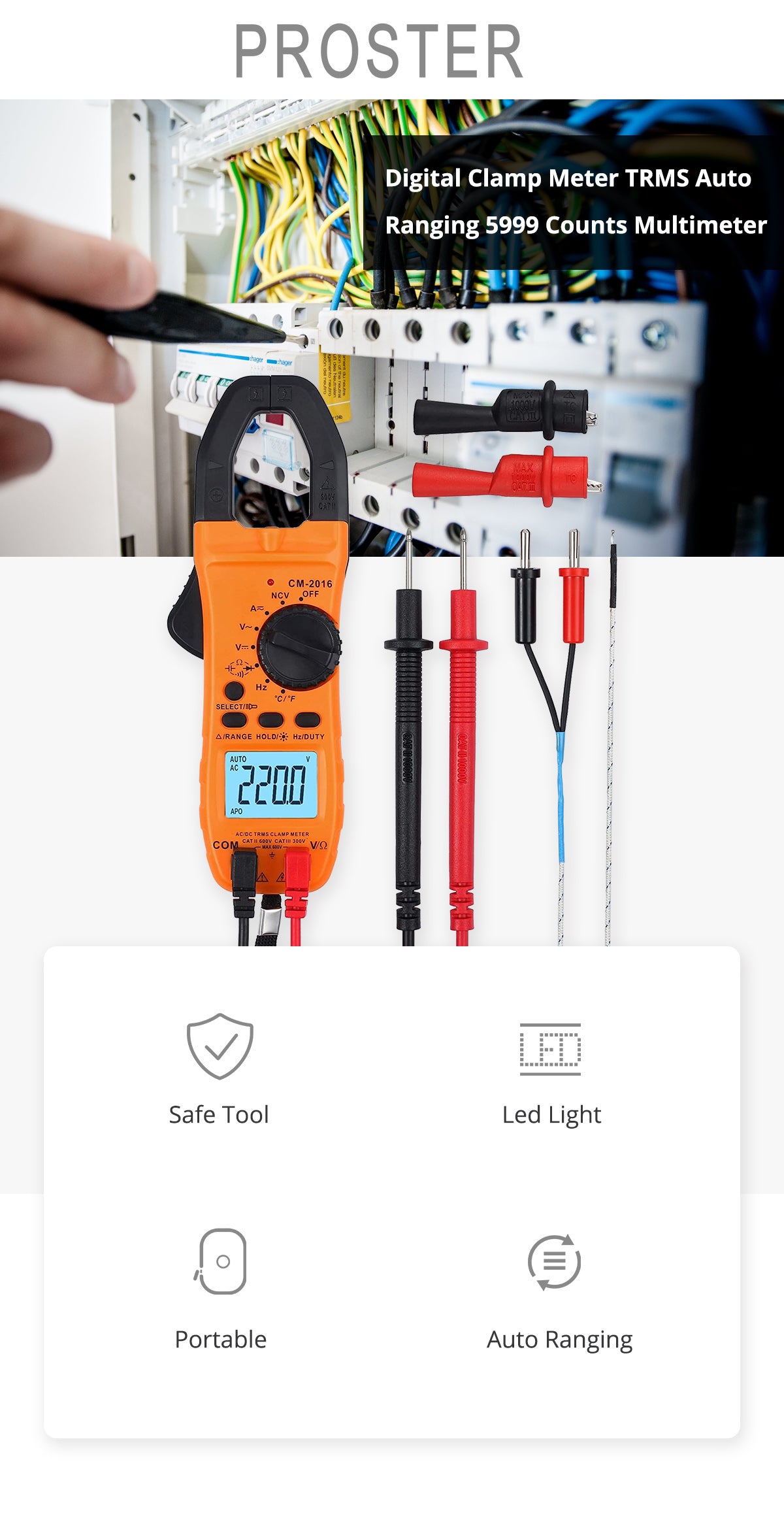 Proster Digital Clamp Meter TRMS Auto Ranging 5999 Counts Multimeter