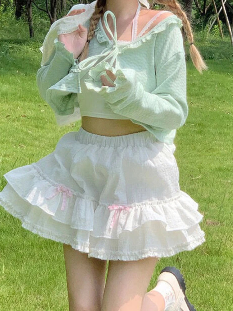 HOUZHOU Kawaii Mini Skirt for Women 2022 Summer White Preppy Style Sweet Cute Bow Ruffles Patchwork Short Skirt Japanese Lolita