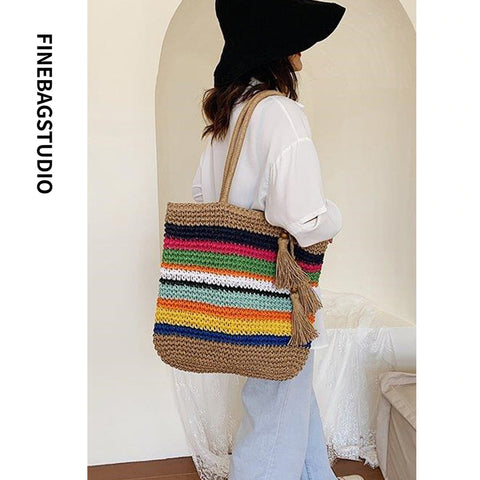 FinebagStudio Large Women Rainbow Straw Woven Beach Bag