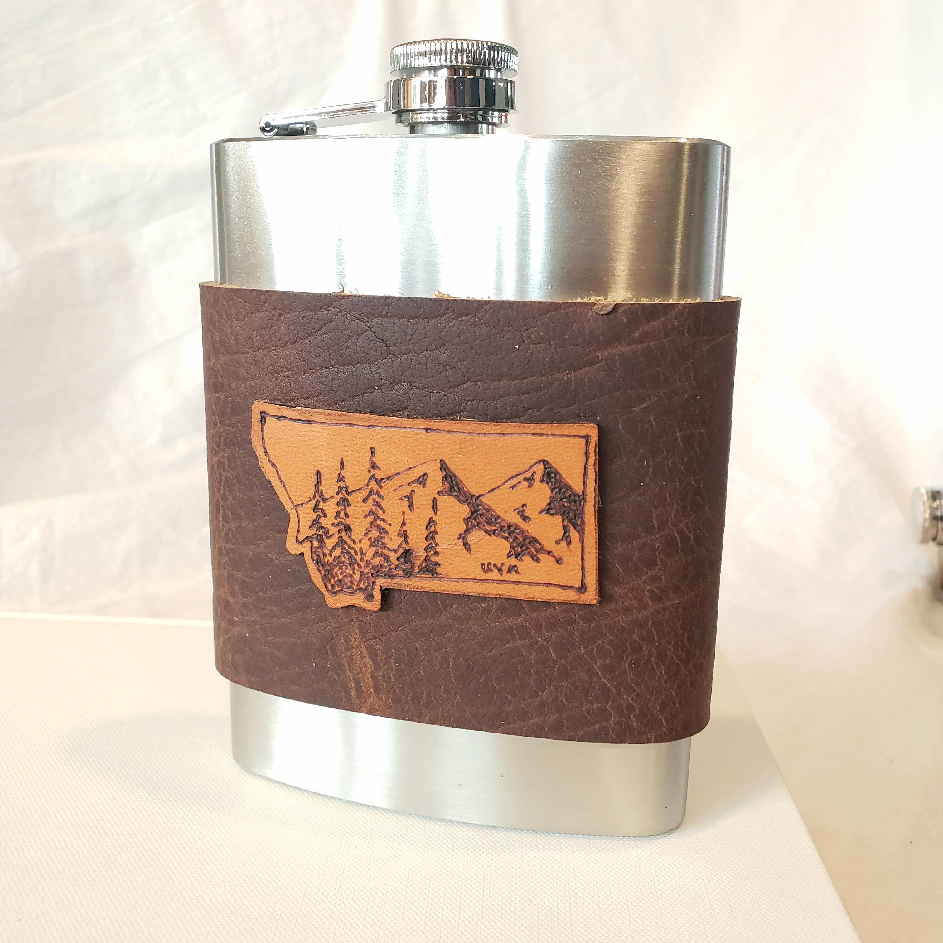 Etched Leather Flask (Mountains) - By: Uniquely Yours Montana