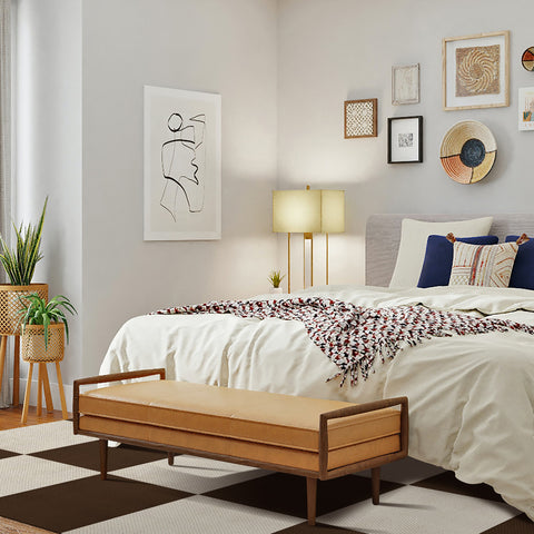 Matace removable carpet tiles in brown and beige cover a cozy bedroom room.