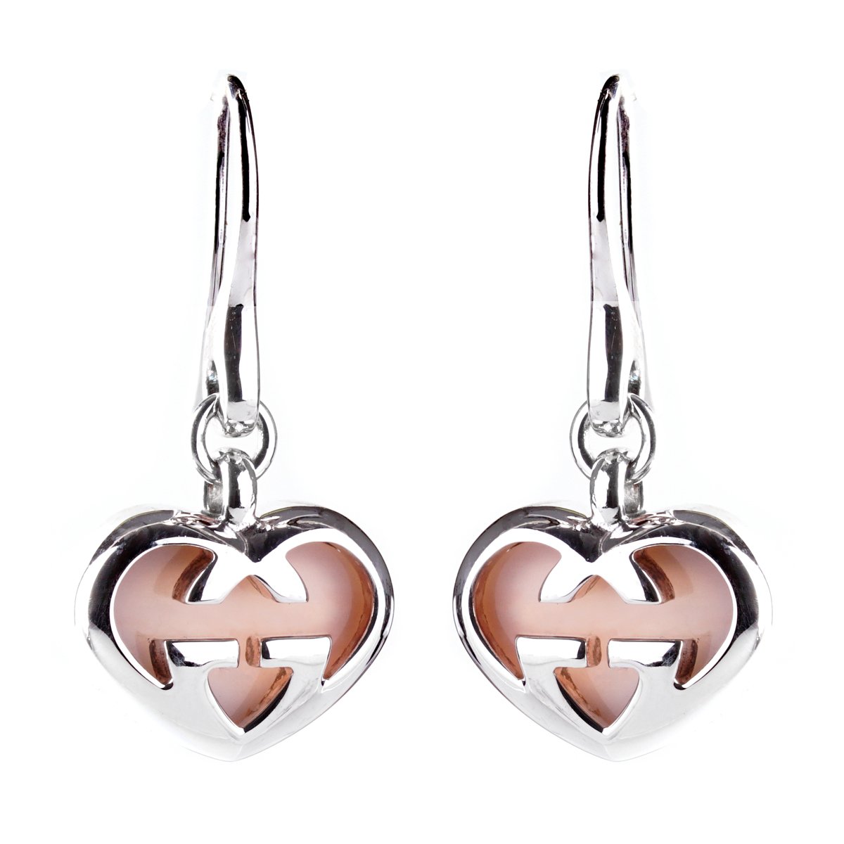 Gucci Pink Opal Double G Silver Heart Earrings