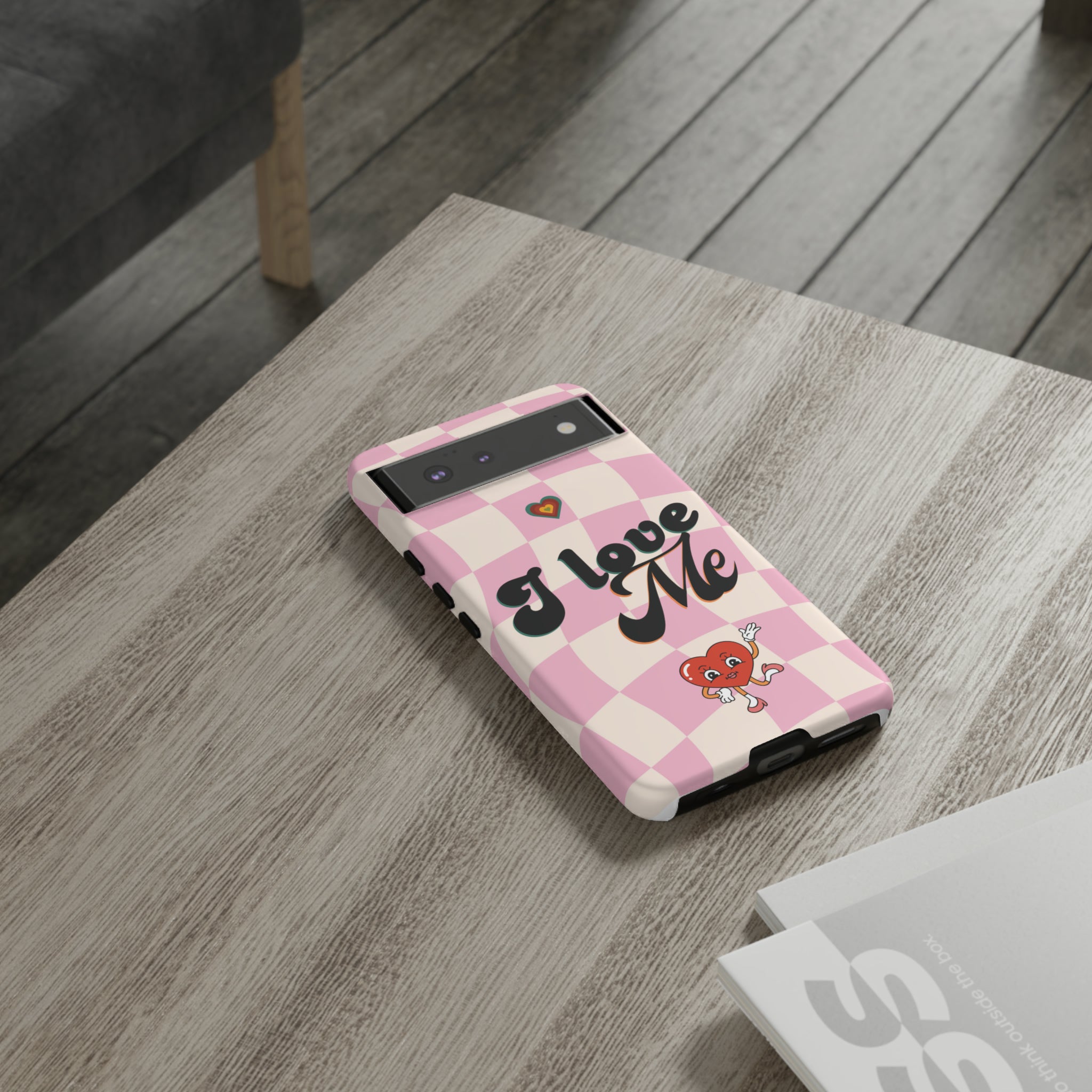 I Love Me phone case. iPhone case. Samsung Case. Google Pixel Case. Retro Phone Case. Checkers Design. Checkers phone case. Funny Phone Case