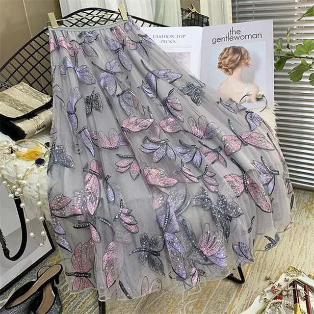 2022 Hot Sale Women Long Skirts Spring Summer High Waist  Mesh Gauze Skirt Girl Pleated Print Sweet A- line Skirt D2