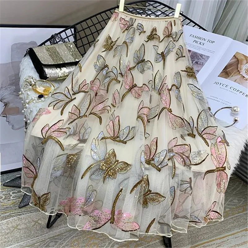 2022 Hot Sale Women Long Skirts Spring Summer High Waist  Mesh Gauze Skirt Girl Pleated Print Sweet A- line Skirt D2