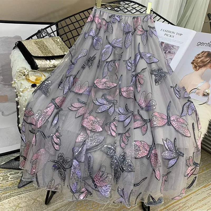 2022 Hot Sale Women Long Skirts Spring Summer High Waist  Mesh Gauze Skirt Girl Pleated Print Sweet A- line Skirt D2