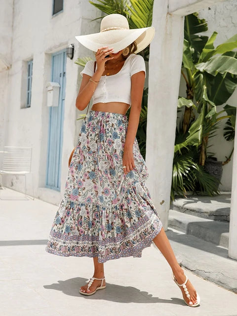 Jastie Boho Retro Floral Print Skirts Women 2022 Summer High Waist A-Line Pleated Long Skirts Casual Holiday Beach Skirt