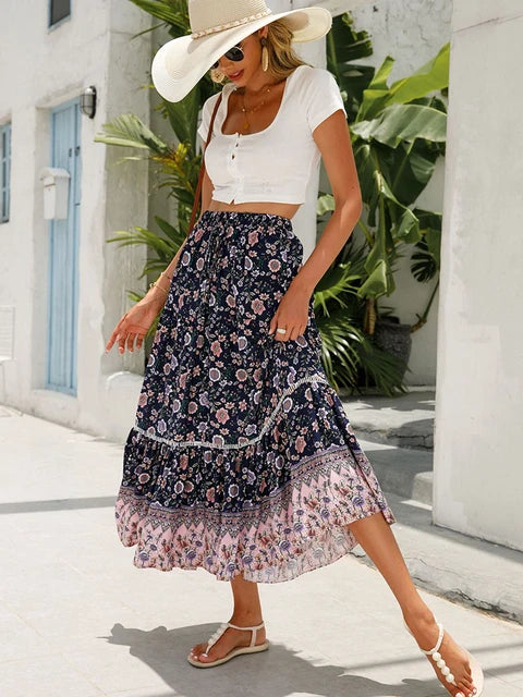 Jastie Boho Retro Floral Print Skirts Women 2022 Summer High Waist A-Line Pleated Long Skirts Casual Holiday Beach Skirt